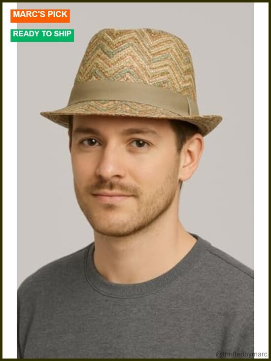 Straw Fedora Hat with Zigzag Wave Pattern - One Size main image 6